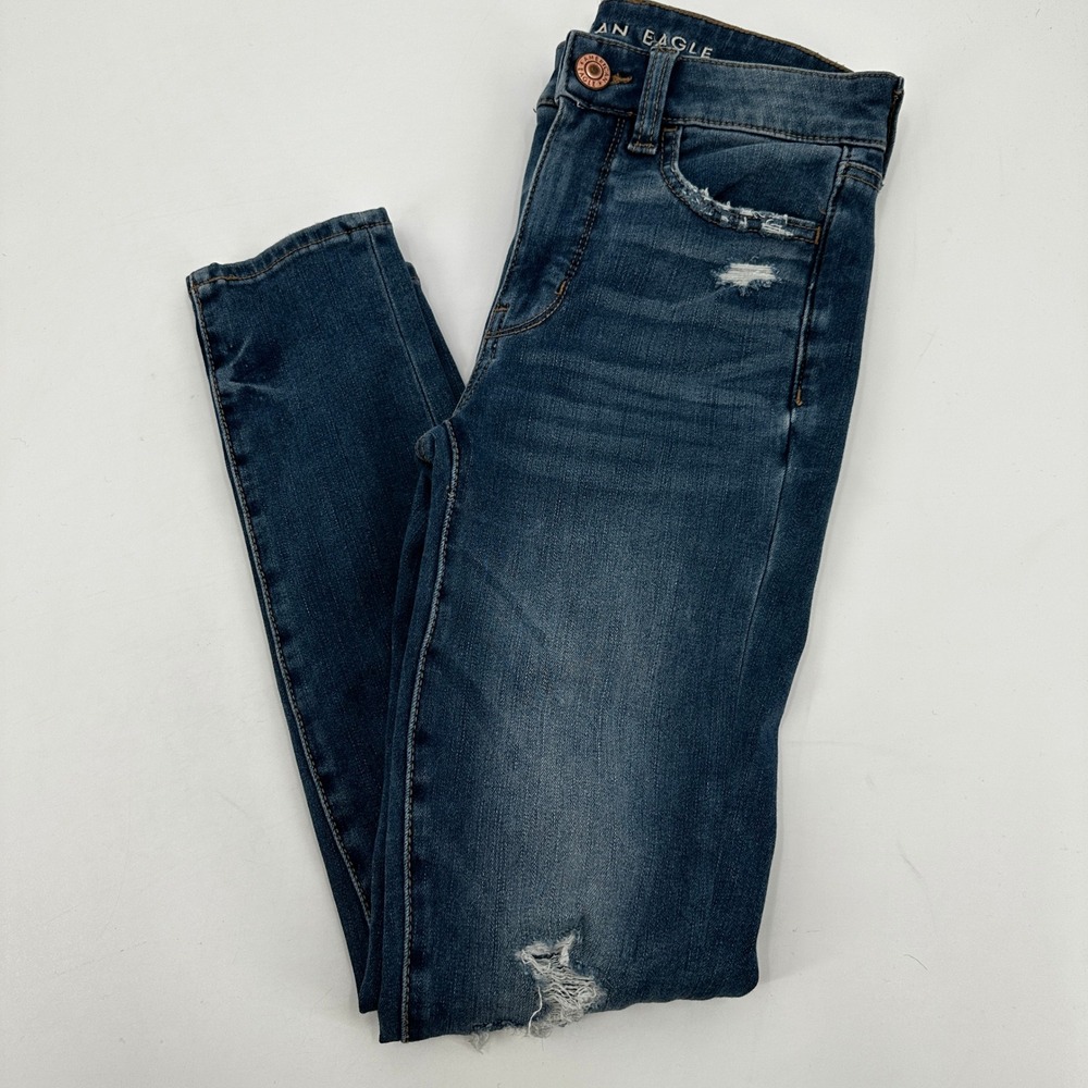 American Eagle The Dream Jean Womens 00 Regular Blue Distressed Skinny High Rise